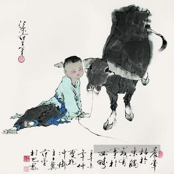 Fangzeng garçon et vache chinoise traditionnelle Peintures à l'huile